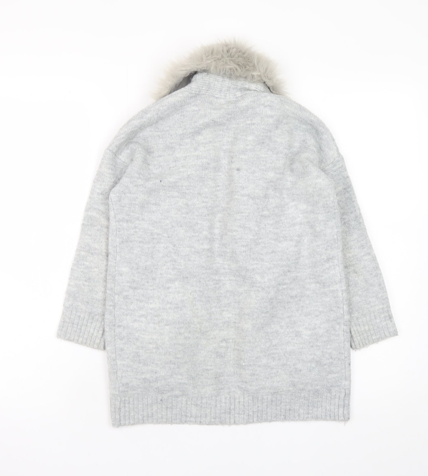 F&F Kids Girls Grey Faux Fur Trim Cardigan 8-9 Years Winter Knitwear