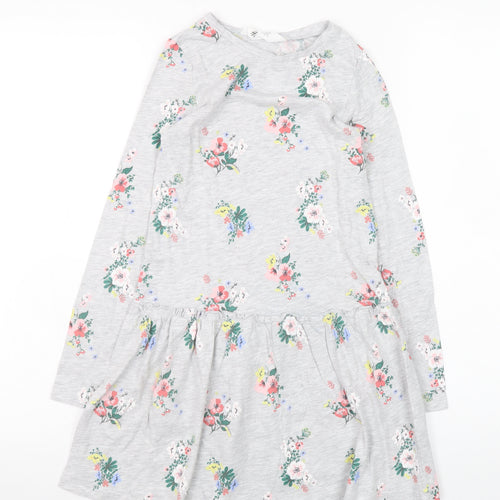 H&M Girls Grey Floral Long Sleeve Skater Dress 7-8 Years Cotton Blend