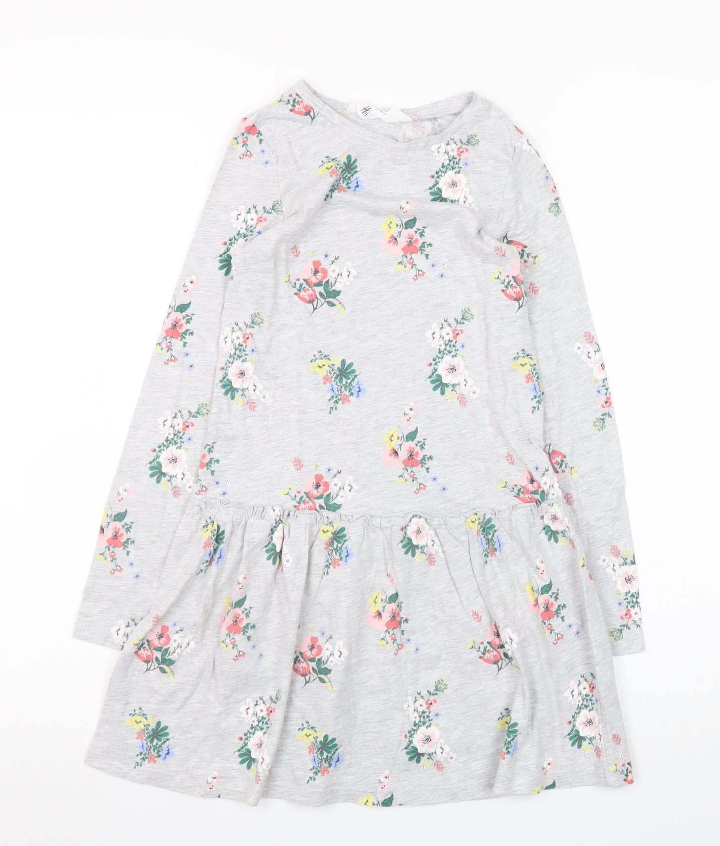 H&M Girls Grey Floral Long Sleeve Skater Dress 7-8 Years Cotton Blend