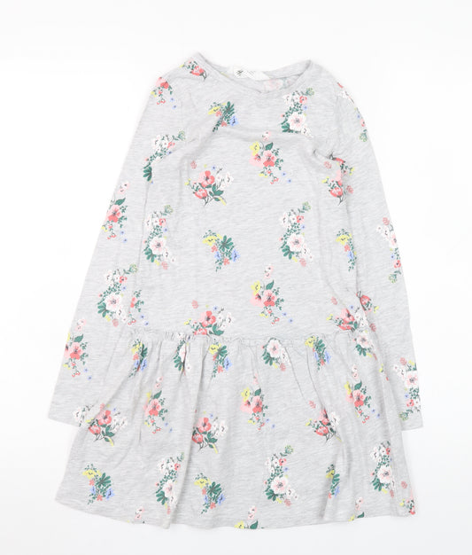 H&M Girls Grey Floral Long Sleeve Skater Dress 7-8 Years Cotton Blend
