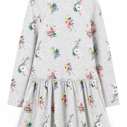 H&M Girls Grey Floral Long Sleeve Skater Dress 7-8 Years Cotton Blend