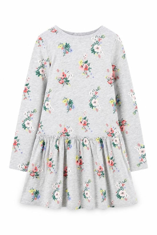 H&M Girls Grey Floral Long Sleeve Skater Dress 7-8 Years Cotton Blend