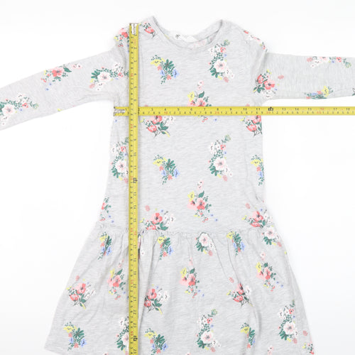H&M Girls Grey Floral Long Sleeve Skater Dress 7-8 Years Cotton Blend