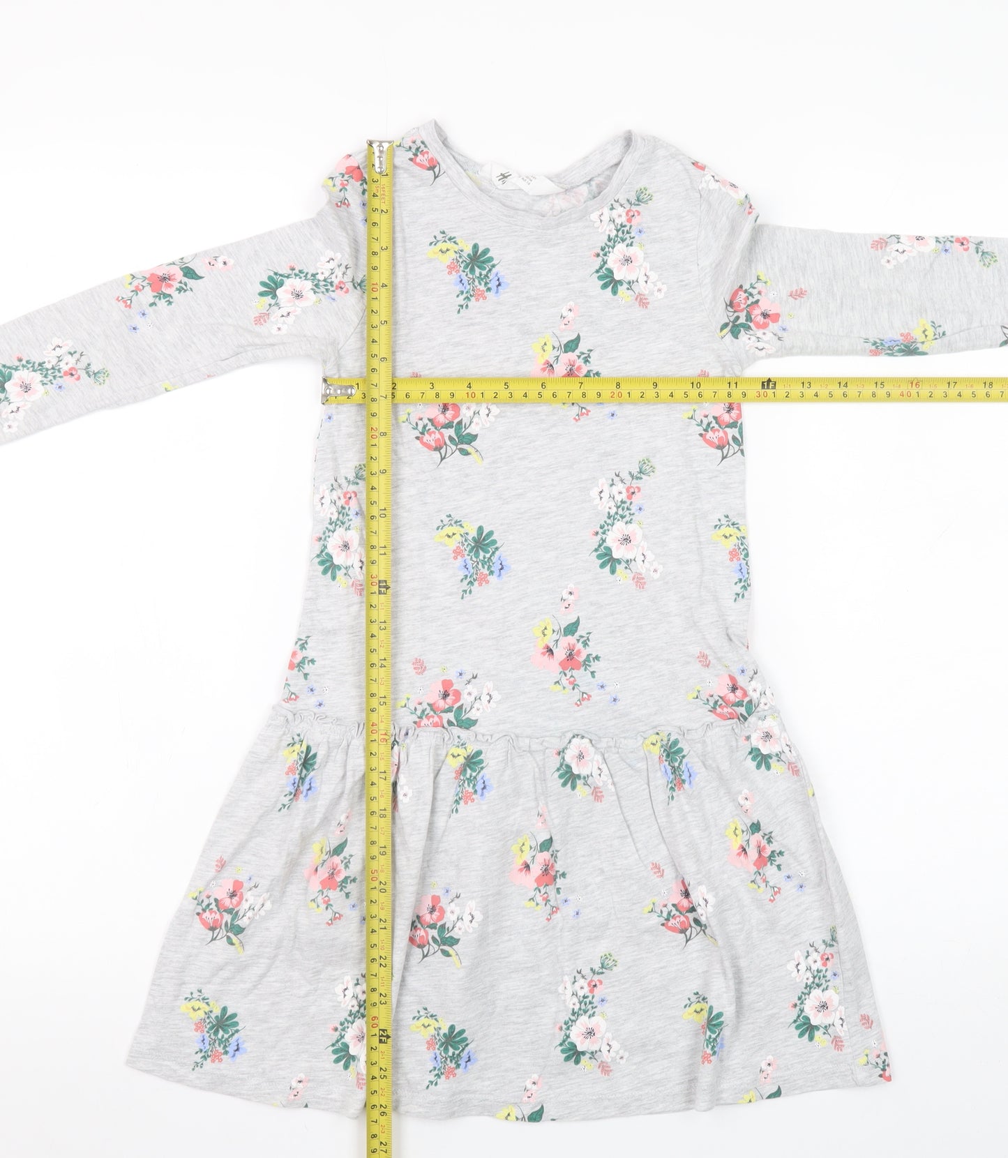 H&M Girls Grey Floral Long Sleeve Skater Dress 7-8 Years Cotton Blend