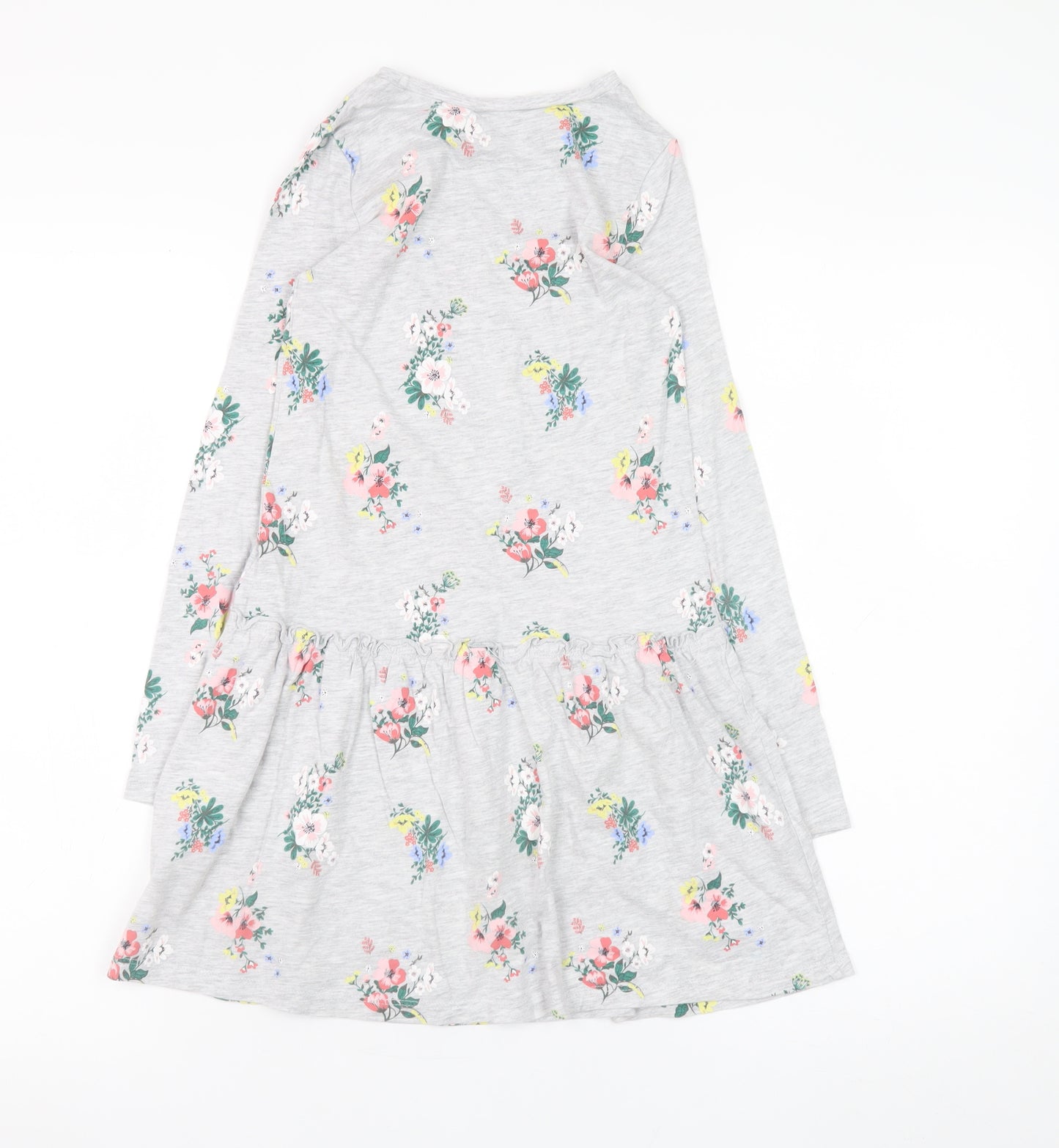 H&M Girls Grey Floral Long Sleeve Skater Dress 7-8 Years Cotton Blend