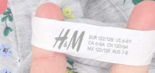 H&M Girls Grey Floral Long Sleeve Skater Dress 7-8 Years Cotton Blend