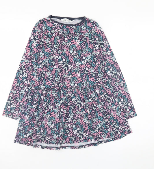H&M Girls Multicoloured Floral Cotton Skater Dress 7-8 Years Long Sleeve