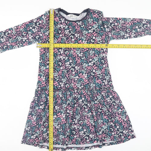 H&M Girls Multicoloured Floral Cotton Skater Dress 7-8 Years Long Sleeve