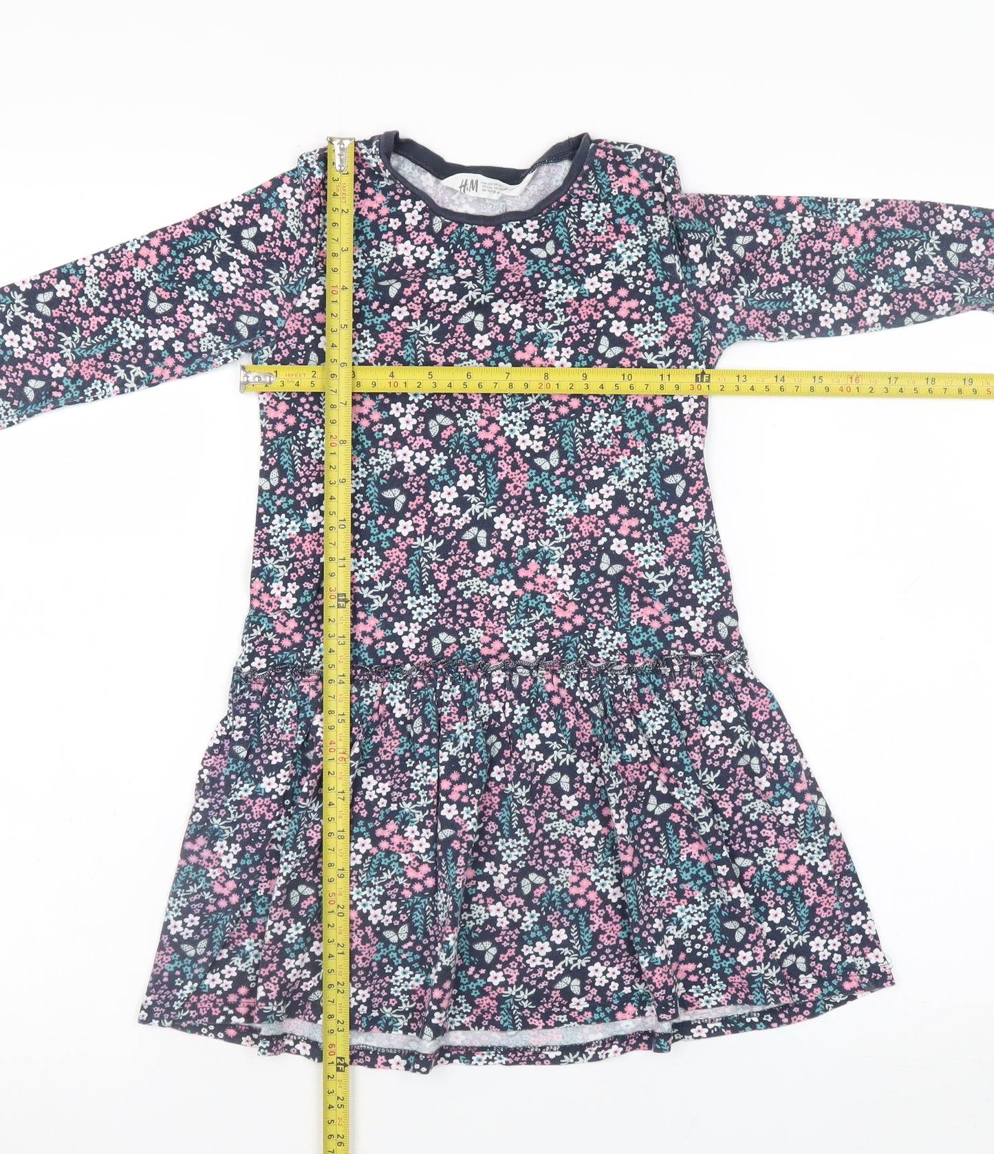 H&M Girls Multicoloured Floral Cotton Skater Dress 7-8 Years Long Sleeve