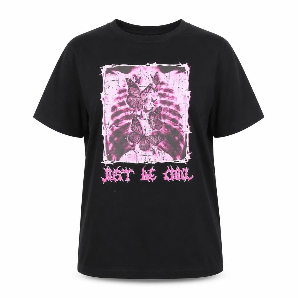 Front view of SHEIN Women's Black Butterfly Graphic T-Shirt, size S