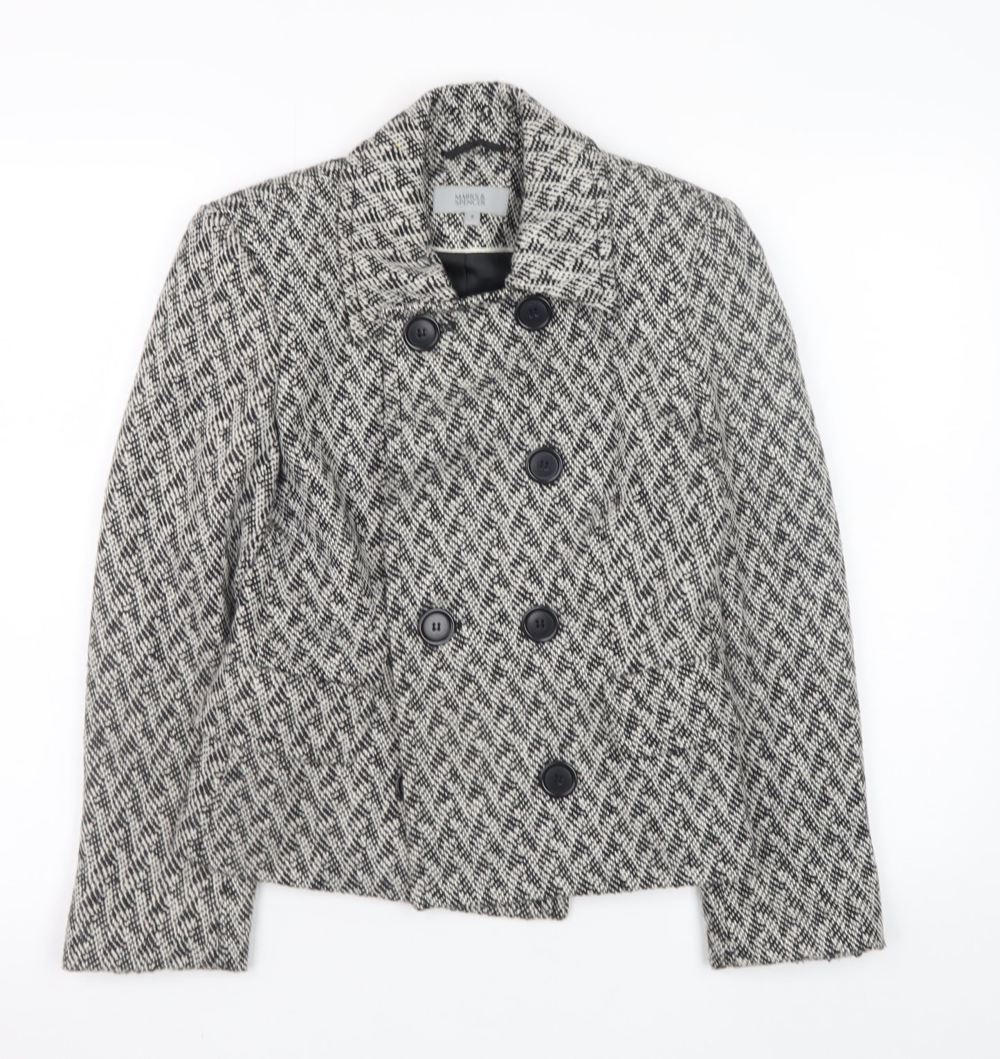 Marks and Spencer Women's Grey Herringbone Pea Coat Size 8 Wool Blend