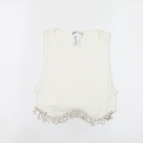 Zara Women White Beaded Cropped Tank Top XS Summer