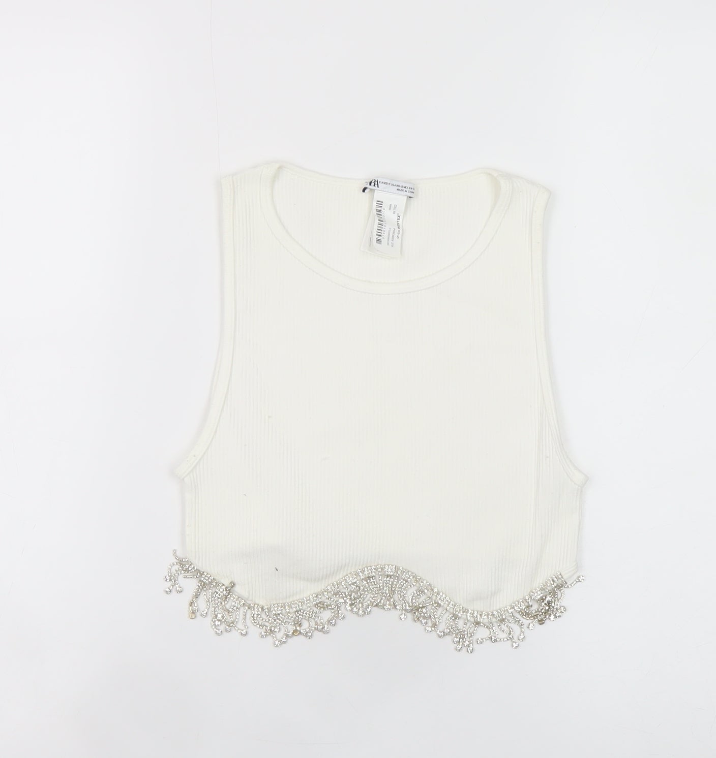 Zara Women White Beaded Cropped Tank Top XS Summer