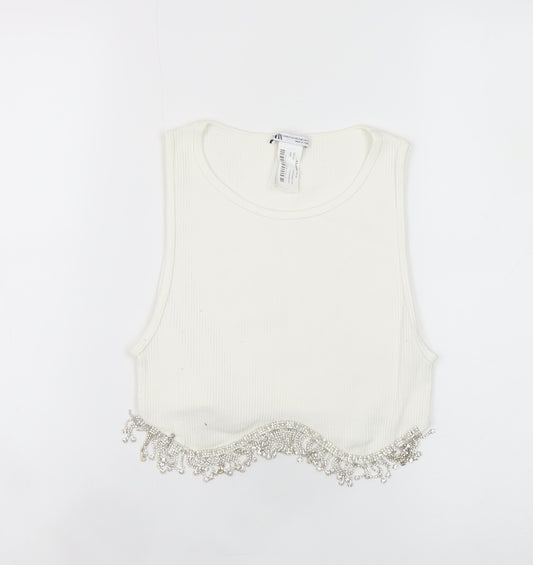 Zara Women White Beaded Cropped Tank Top XS Summer