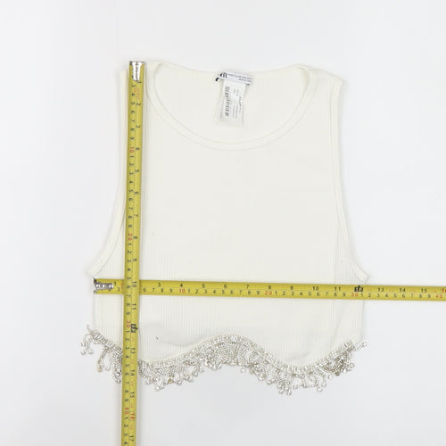 Zara Women White Beaded Cropped Tank Top XS Summer