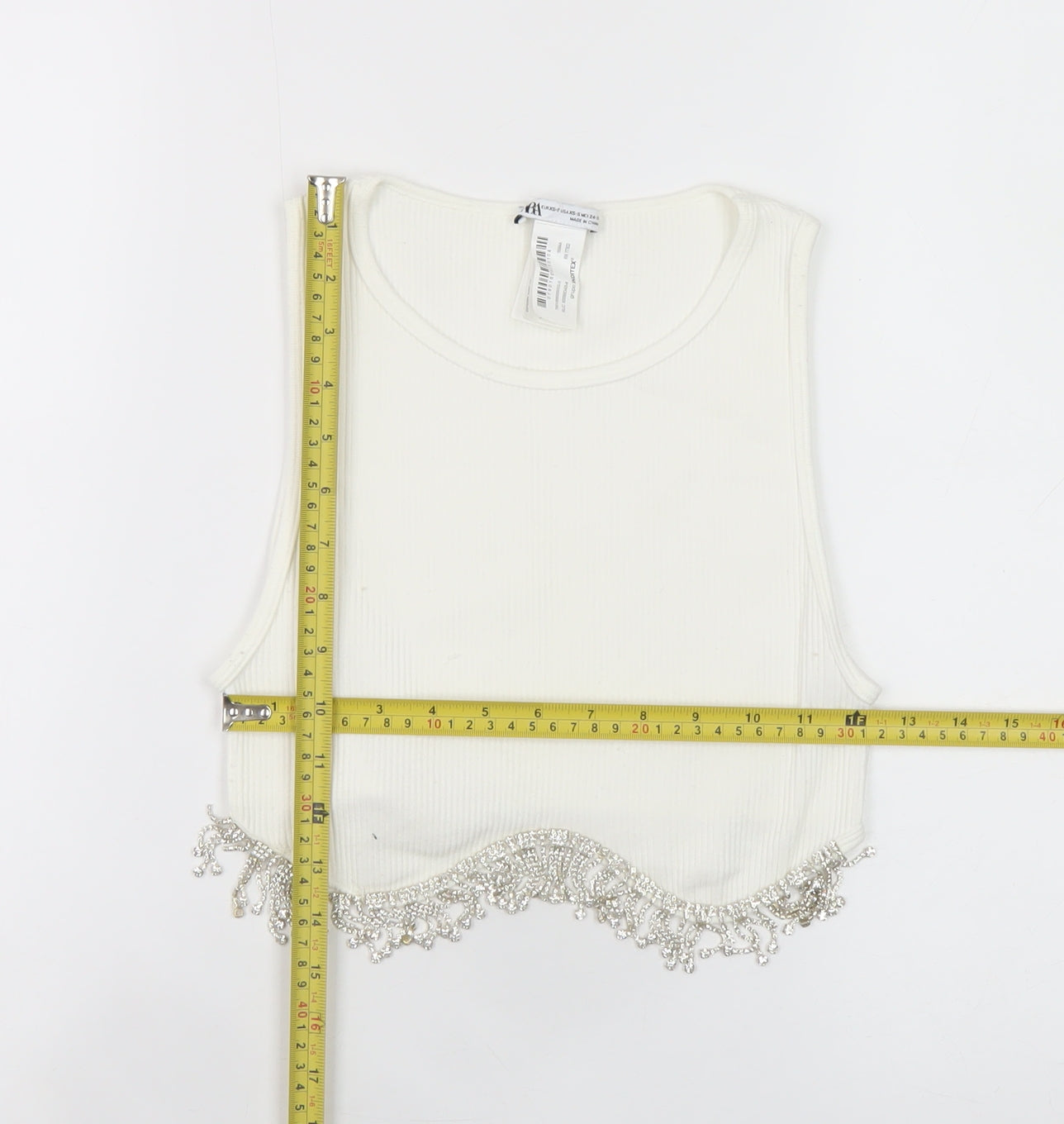 Zara Women White Beaded Cropped Tank Top XS Summer