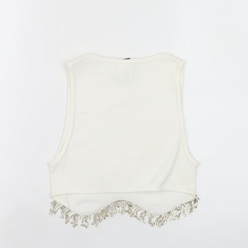 Zara Women White Beaded Cropped Tank Top XS Summer