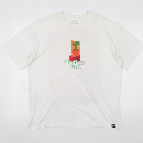 Pull&Bear Men's White Cactus Fan Graphic Cotton T-Shirt Size M