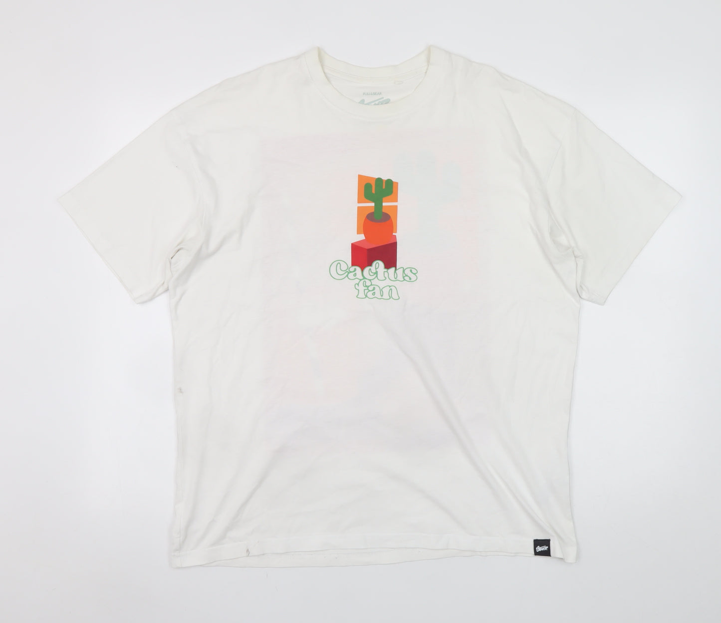 Pull&Bear Men's White Cactus Fan Graphic Cotton T-Shirt Size M