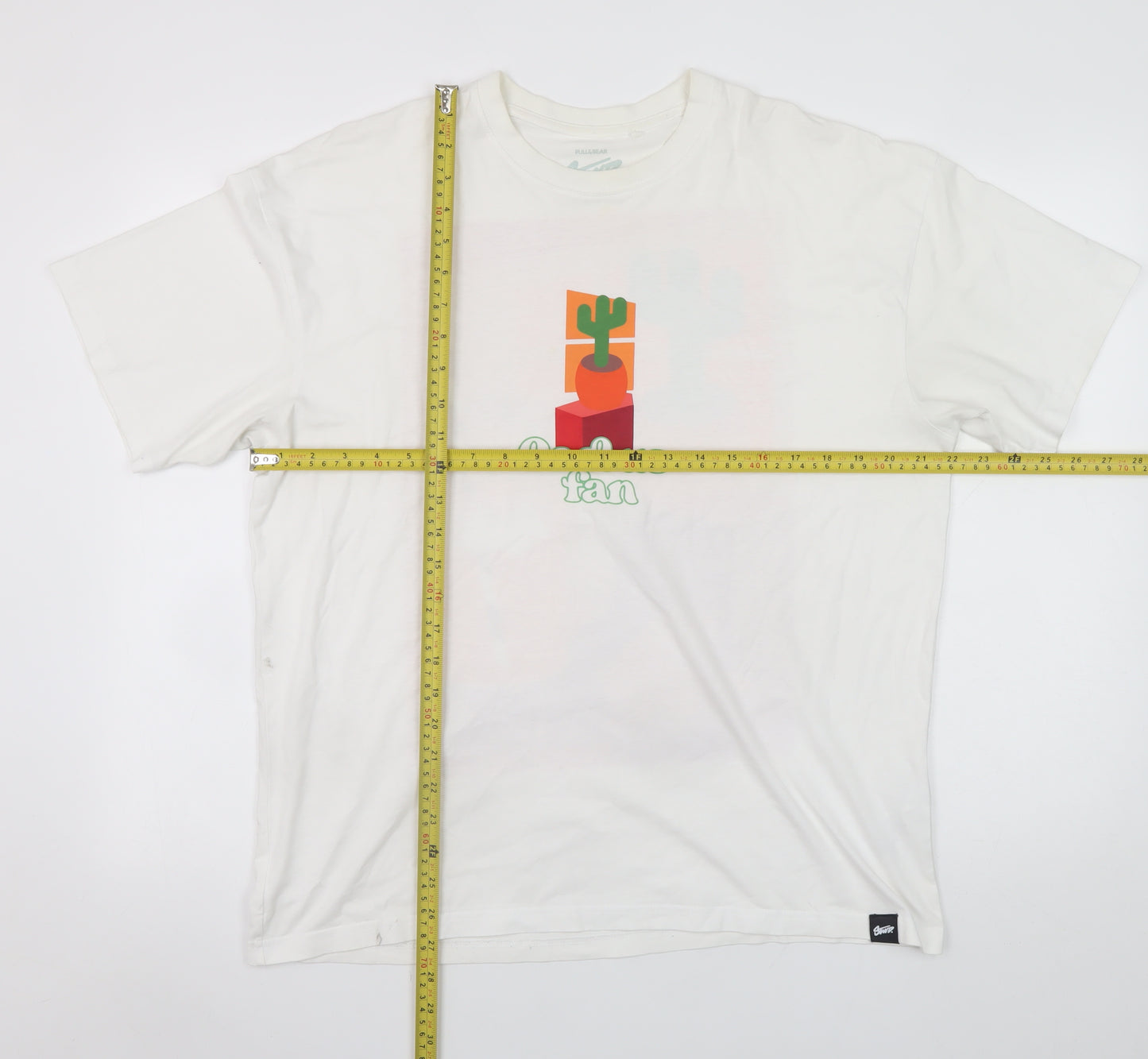Pull&Bear Men's White Cactus Fan Graphic Cotton T-Shirt Size M
