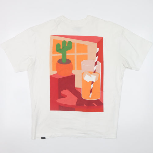 Pull&Bear Men's White Cactus Fan Graphic Cotton T-Shirt Size M