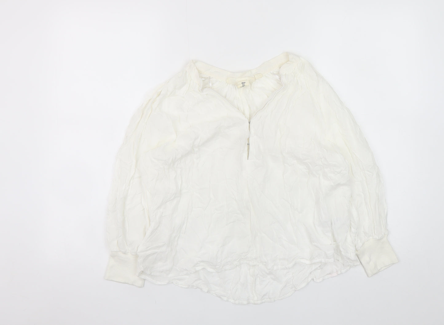H&M Women White Modal Tunic Blouse Size 8 Long Sleeve Zip Neck