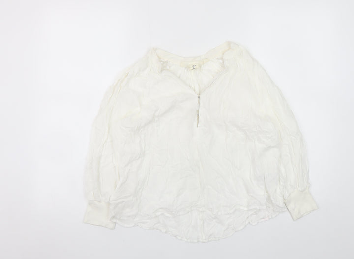 H&M Women White Modal Tunic Blouse Size 8 Long Sleeve Zip Neck