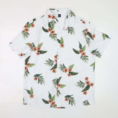 MANFINITY Men's White Tropical Floral Short Sleeve Button-Up Shirt M