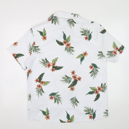MANFINITY Men's White Tropical Floral Short Sleeve Button-Up Shirt M