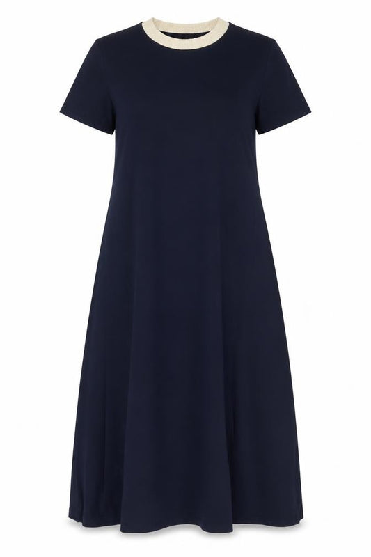 Front view of Saiph Lab Women Blue A-Line Midi Dress M Short Sleeve Classic Style