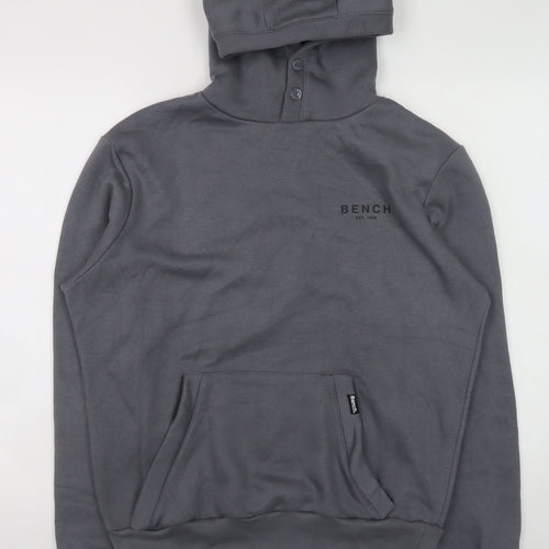 Bench Men Grey Pullover Hoodie M High Neck Logo Fleece Sweatshirt