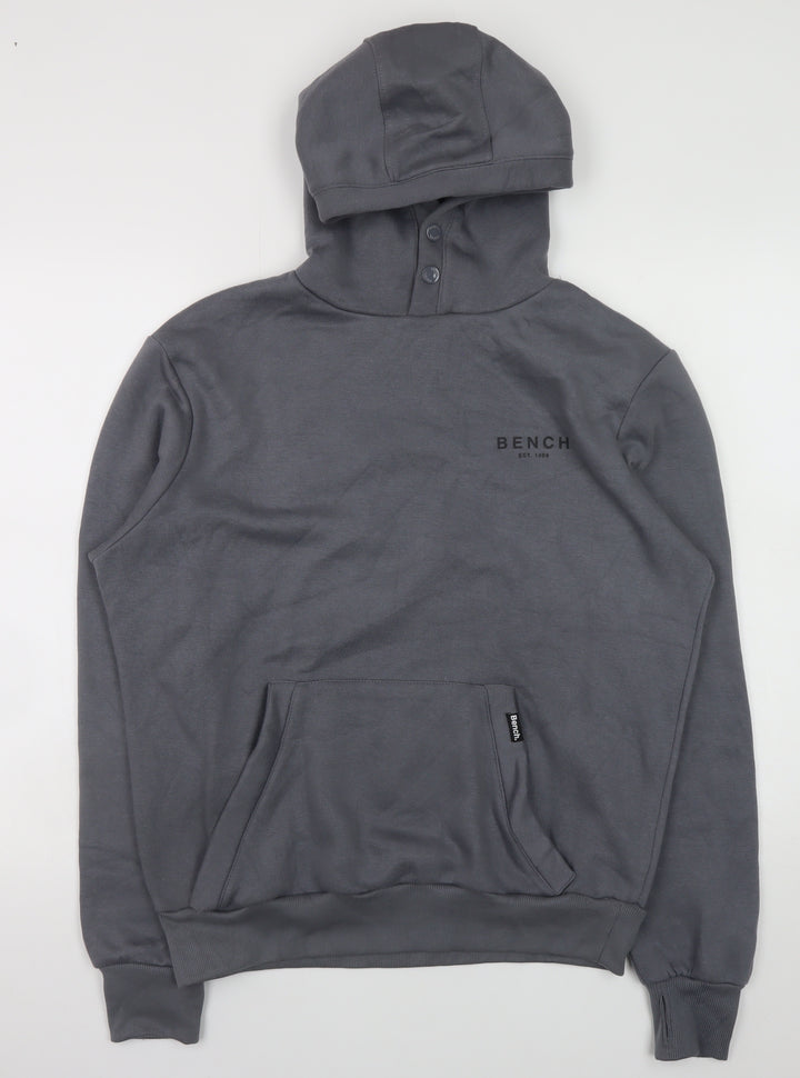Bench Men Grey Pullover Hoodie M High Neck Logo Fleece Sweatshirt