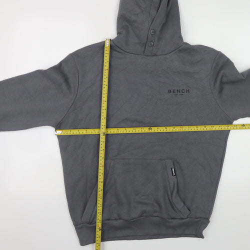 Bench Men Grey Pullover Hoodie M High Neck Logo Fleece Sweatshirt