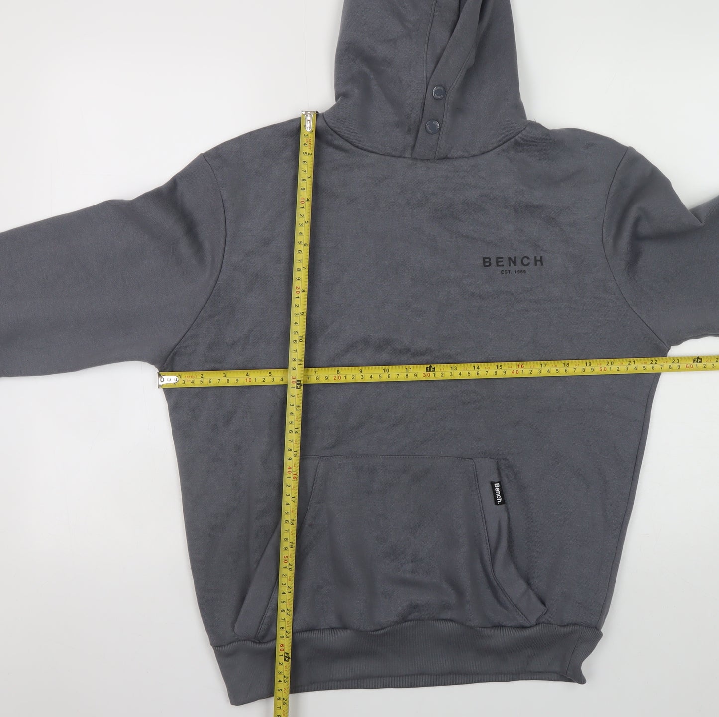 Bench Men Grey Pullover Hoodie M High Neck Logo Fleece Sweatshirt