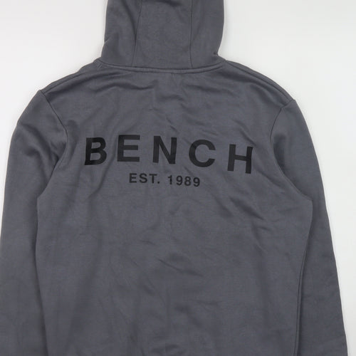 Bench Men Grey Pullover Hoodie M High Neck Logo Fleece Sweatshirt