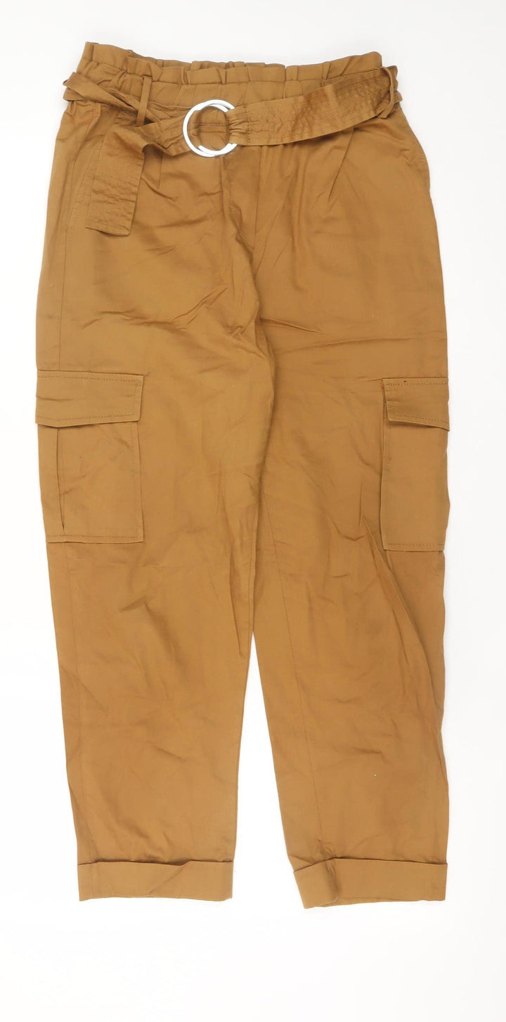 Bershka Womens Brown High Waist Cargo Trousers L 14 Belted Cotton Blend