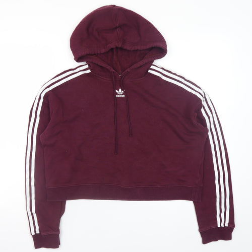 Adidas Women Burgundy 3-Stripes Cropped Hoodie Size 10 Cotton
