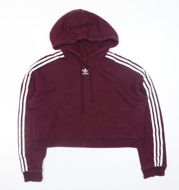 Adidas Women Burgundy 3-Stripes Cropped Hoodie Size 10 Cotton
