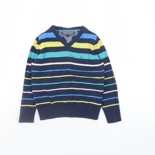 Tommy Hilfiger Boys Blue Striped V-Neck Cotton Jumper 3 Years