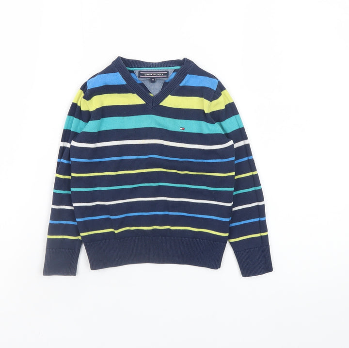 Tommy Hilfiger Boys Blue Striped V-Neck Cotton Jumper 3 Years