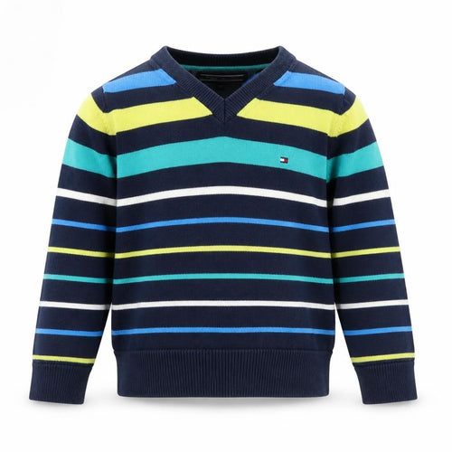 Tommy Hilfiger Boys Blue Striped V-Neck Cotton Jumper 3 Years