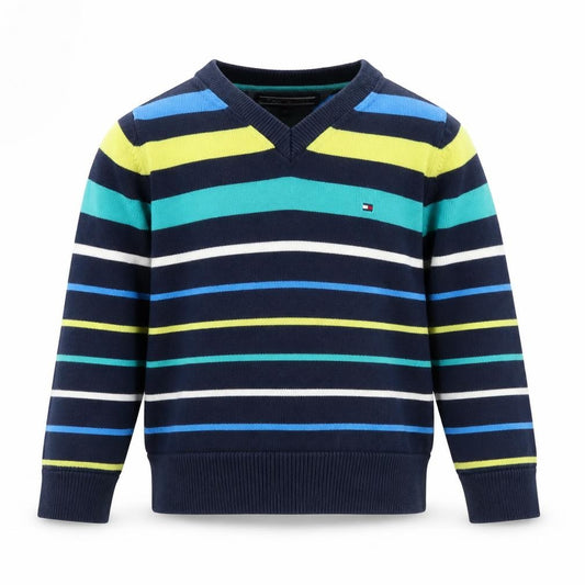 Tommy Hilfiger Boys Blue Striped V-Neck Cotton Jumper 3 Years