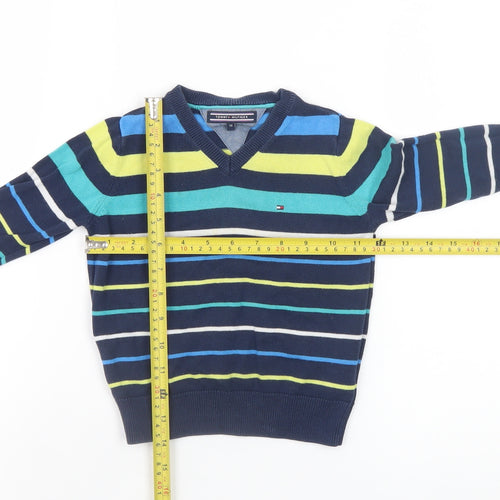 Tommy Hilfiger Boys Blue Striped V-Neck Cotton Jumper 3 Years