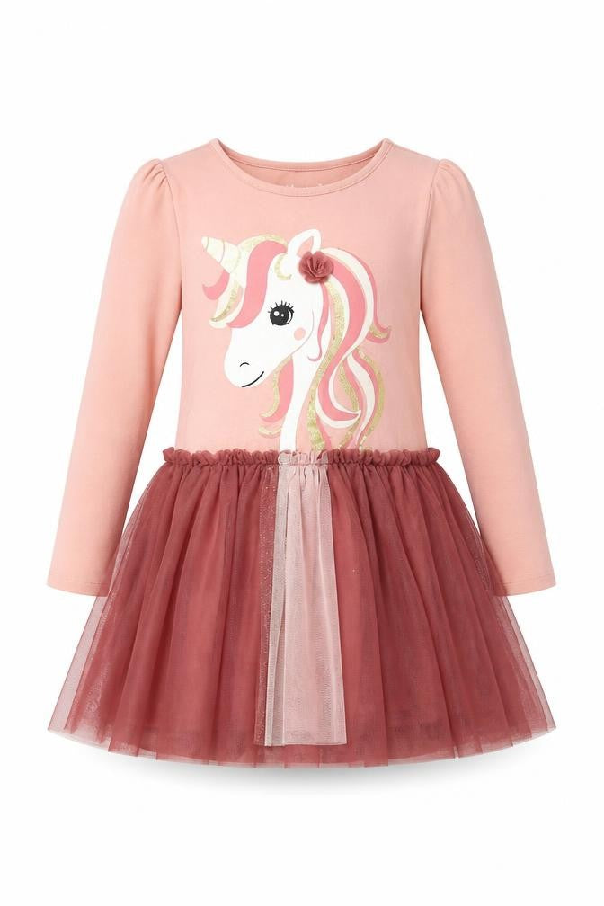 C&A Girls Pink Unicorn Tutu Dress Long Sleeve Size 9 Years