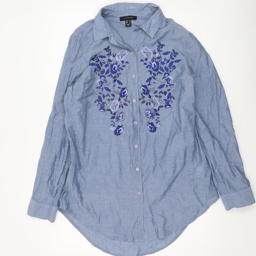 Atmosphere Women Blue Floral Embroidered Cotton Button-Up Shirt Size 12
