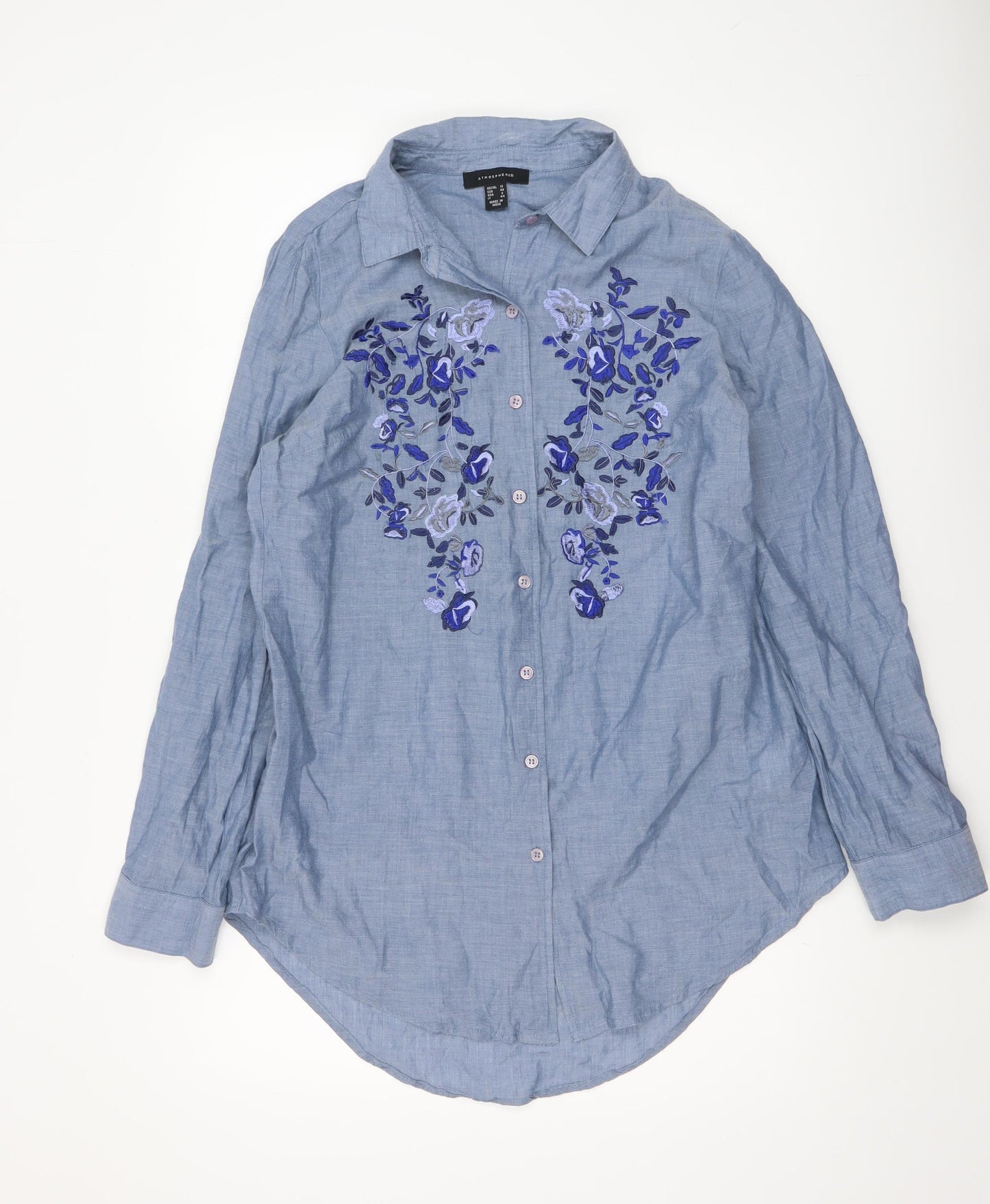 Atmosphere Women Blue Floral Embroidered Cotton Button-Up Shirt Size 12