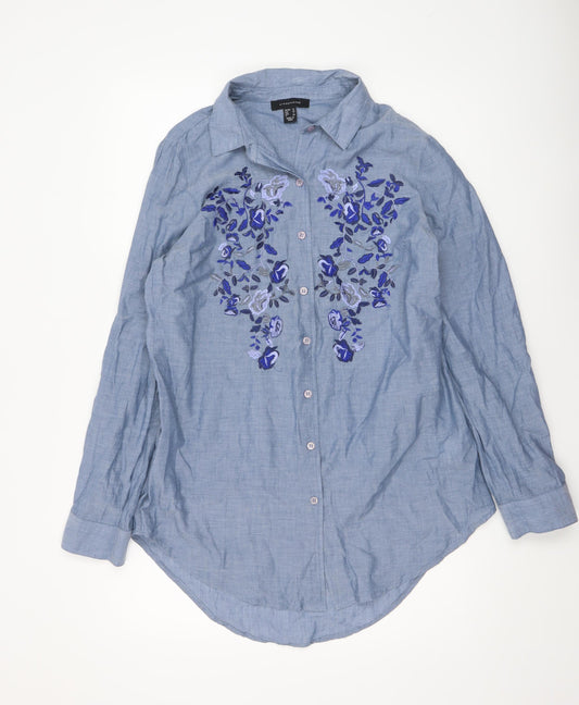 Atmosphere Women Blue Floral Embroidered Cotton Button-Up Shirt Size 12