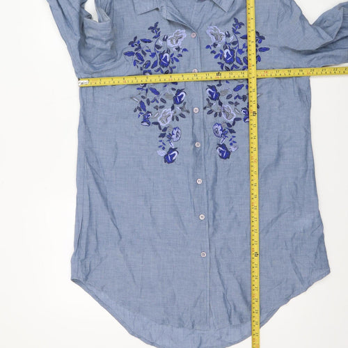 Atmosphere Women Blue Floral Embroidered Cotton Button-Up Shirt Size 12