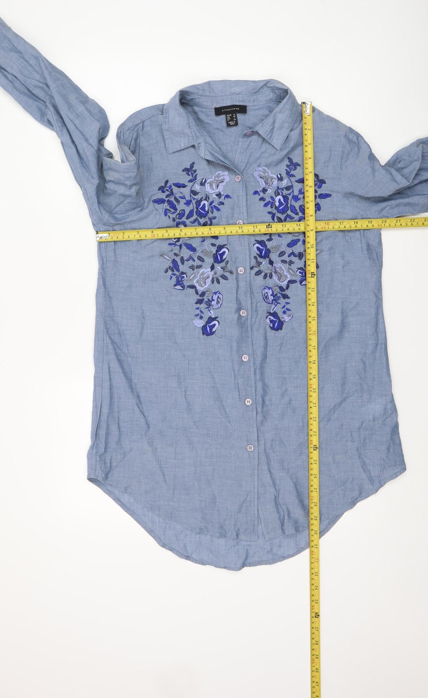 Atmosphere Women Blue Floral Embroidered Cotton Button-Up Shirt Size 12