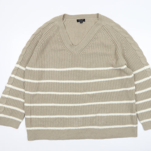 JD Williams Women Beige Stripe V-Neck Cable-Knit Jumper Size 16/18